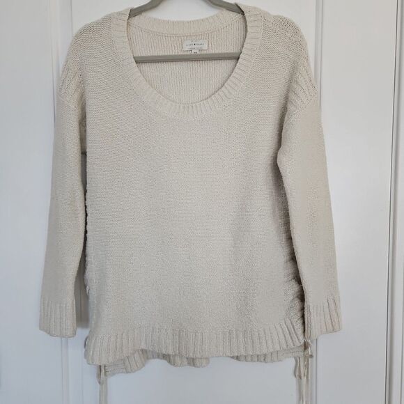 Lucky Brand Ivory/Cream Soft Silver Metallic Lace Up Knit Sweater‎ Size Large - Picture 1 of 10